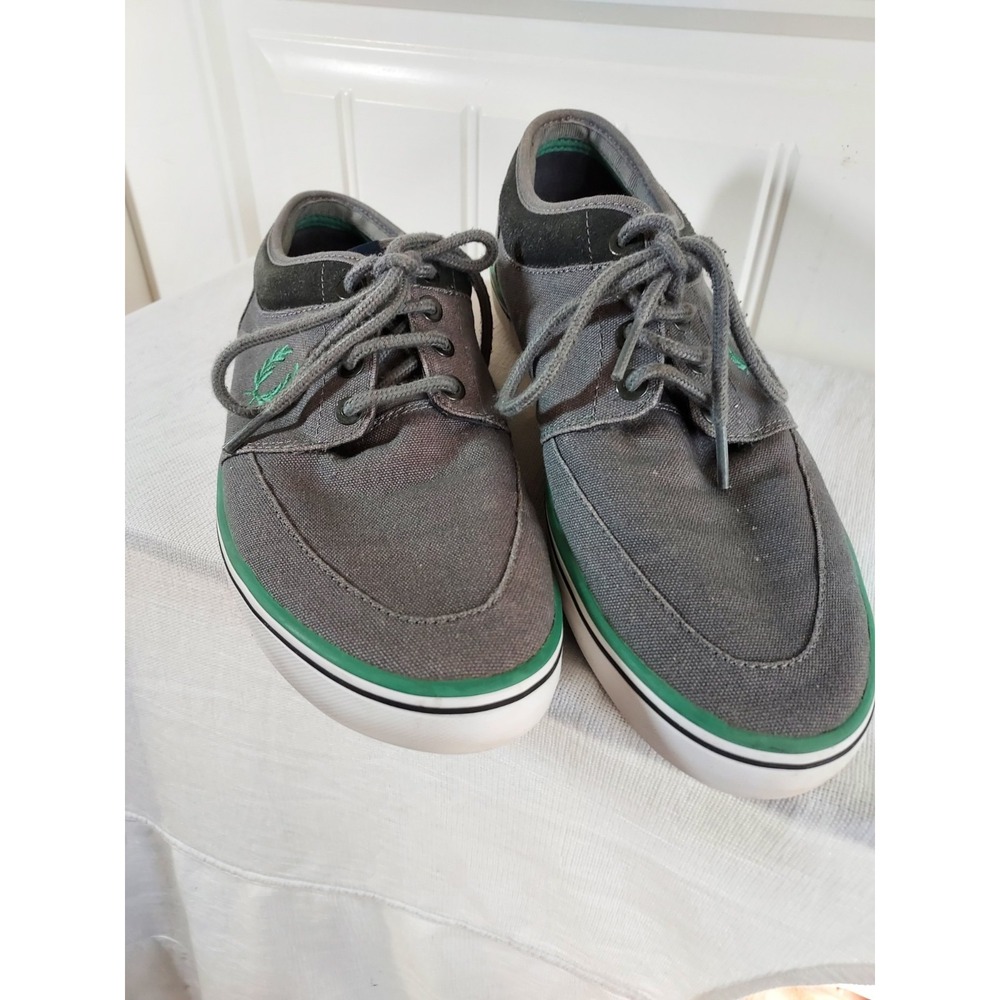 Fred Perry Stratford Canvas Trainer Sneaker Gray Green Suede Trim US size 8 UK 7